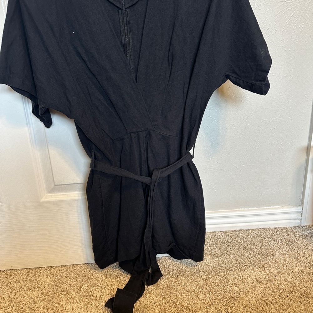 Urban Outfitters Black Short Sleeve Wrap Romper with Waist Tie